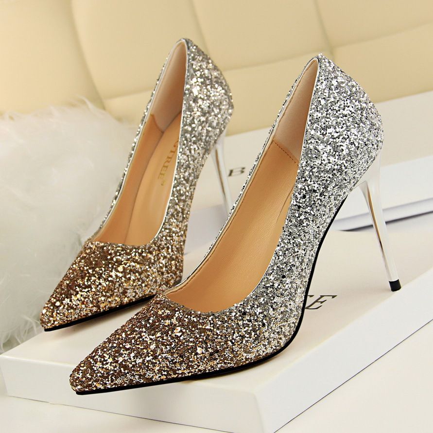9219-10 Style Women's With High Heels, Shallow Mouth, Pointed Toe, Sexy And Slimming Nightclub Color Gradient Sequin_vogvips.com