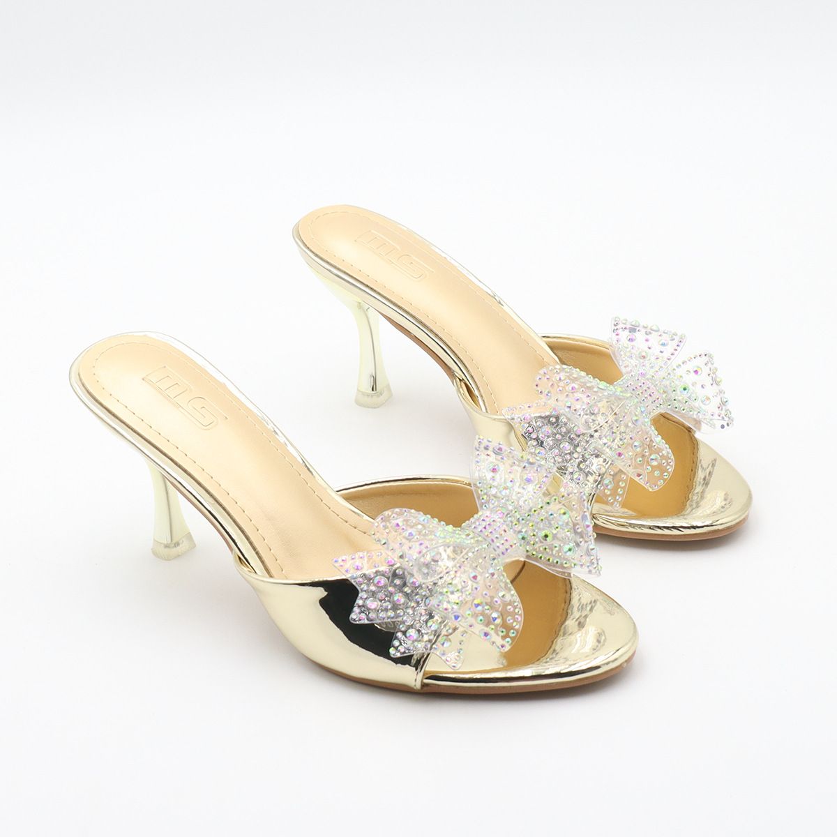 Elegant Bow Sandals For Women - Mid Heel Summer Slide Shoes With Rhinestones, Square Toe & Comfortable Rubber Sole_vogvips.com