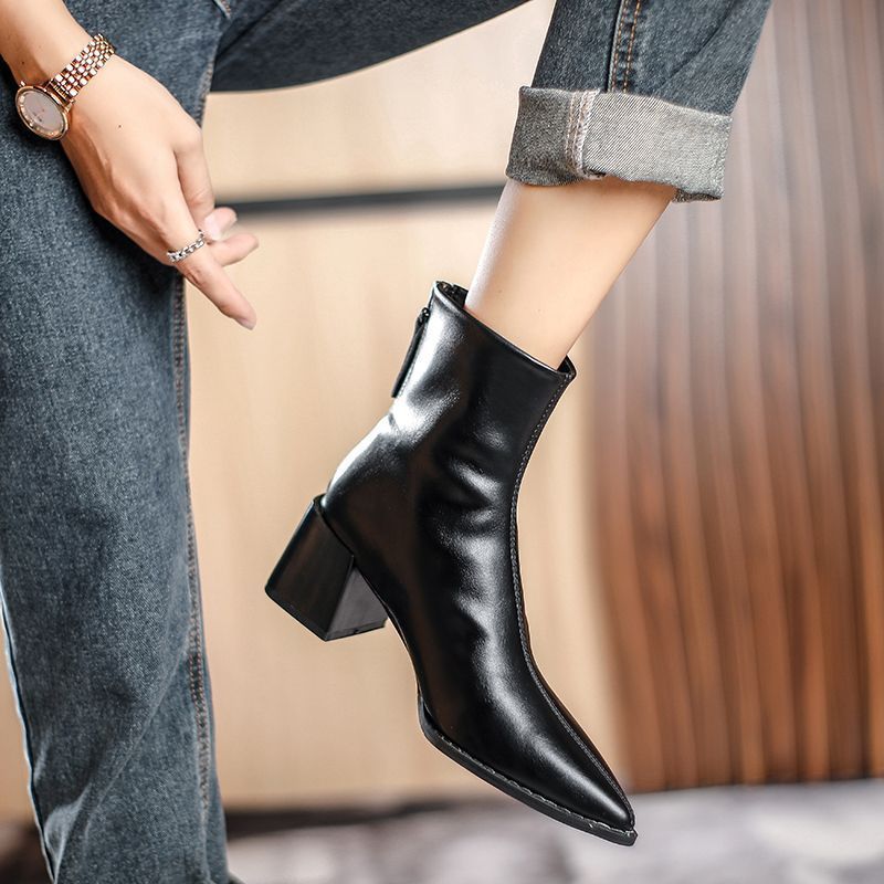 Genuine For Women 2022 New Soft Leather Spring And Autumn Single Pointed Toe 32 Fashion Chunky Heel Short Tube Back_vogvips.com