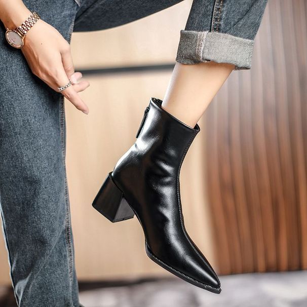 Genuine For Women 2022 New Soft Leather Spring And Autumn Single Pointed Toe 32 Fashion Chunky Heel Short Tube Back_vogvips.com