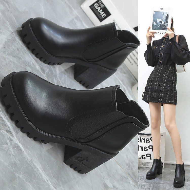 Classic Short Waterproof Platform Chunky High Heel Leather Boots Fashion Women's Shoes_vogvips.com