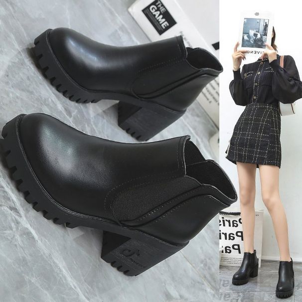 Classic Short Waterproof Platform Chunky High Heel Leather Boots Fashion Women's Shoes_vogvips.com