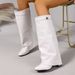 Women's Chunky Heeled Pleated Fashion Boots High Leg Trouser Belt Buckle Slip On Knee High Boots_vogvips.com