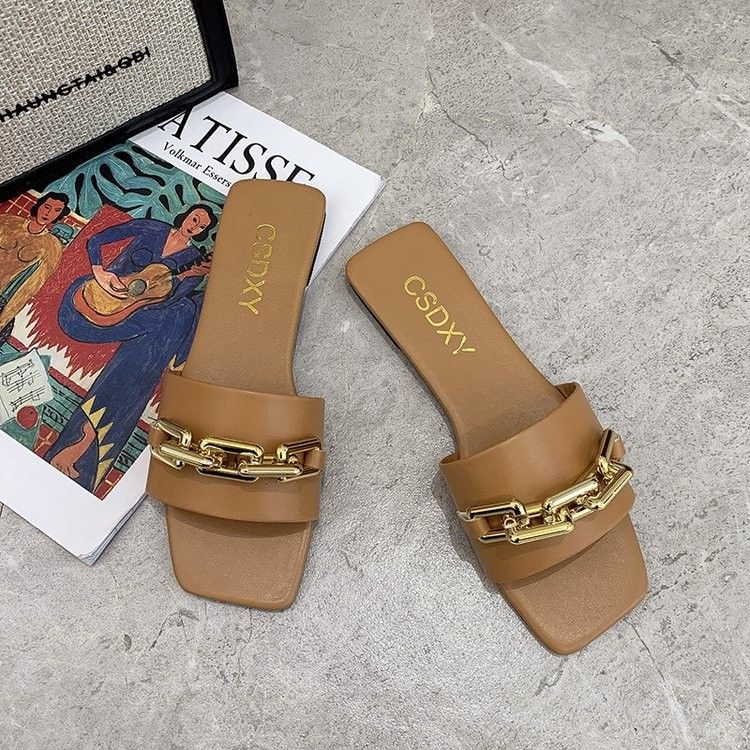Women's Sandals, Summer New Style, One Strap Metal Chain, Fashionable Ladies Shoes, Size 41 42_vogvips.com
