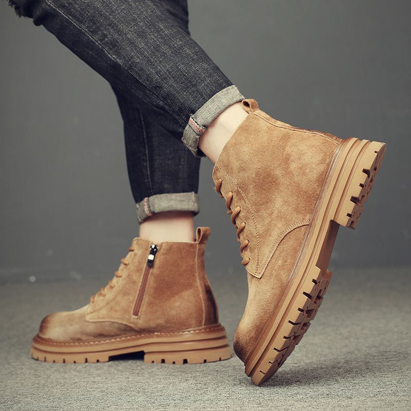 Martin Boots Men's Short Boots Four Zipper Men's Boots Leather Rhubarb Boots Thick-soled Tooling Boots Wind Desert Boots_vogvips.com
