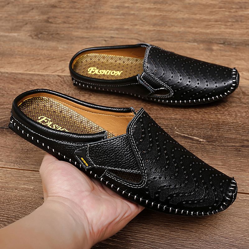 New Genuine Leather Men's Slippers Summer Breathable Casual Mules Light Half Shoes For Men Outdoor Anti-slip Driving_vogvips.com