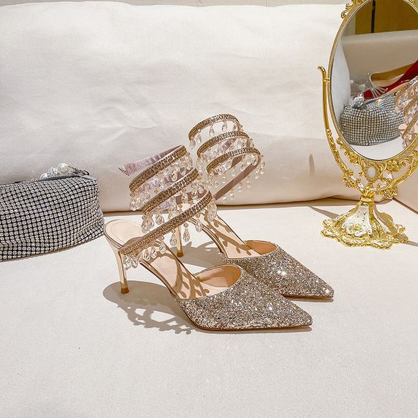 Gold And Silver Crystal Light Pendant Snake Wrapped Ankle Loop High Fine Heeled Sandals Women S Single Wedding Shoes_vogvips.com