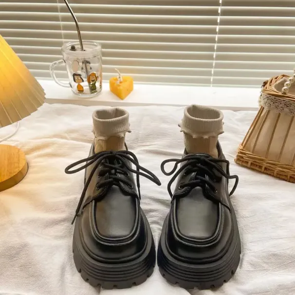 Black Thick Soled Versatile Lace Up Small Leather For Women 2024 Spring And Autumn Season New British Style JK Le Fu_vogvips.com