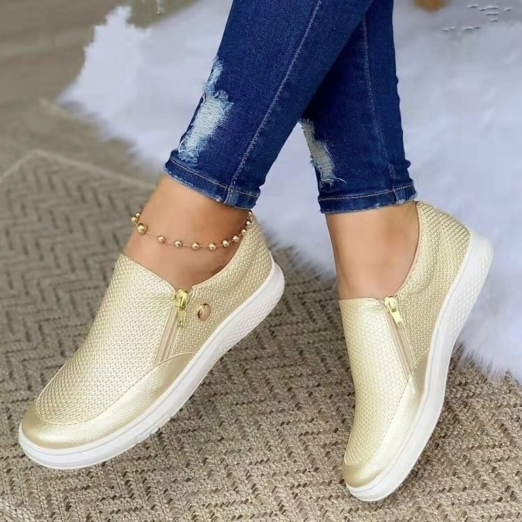 Women's Casual Slip-On Loafers With Zipper - Round Toe Flat Shoes For Autumn Winter, Neutral Style PU Leather Comfortable Walking Shoes_vogvips.com