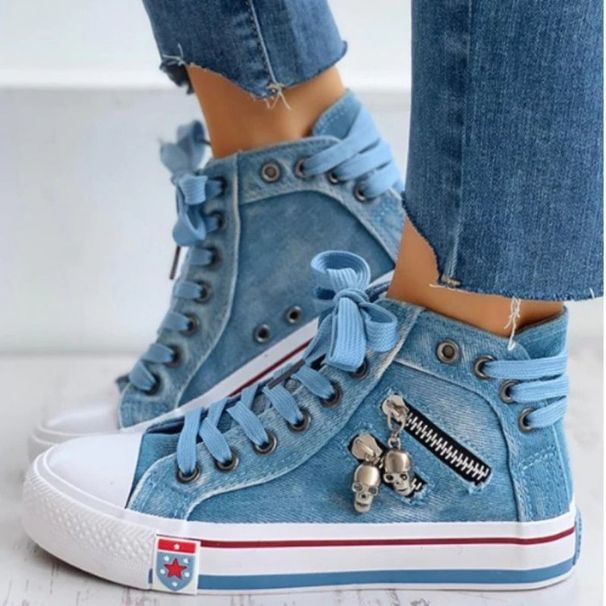 Women's Fashion Denim Casual Skull Metal Decoration Womens Flat Sneakers Vintage High Top Women Vulcanized Shoes 운동화_vogvips.com