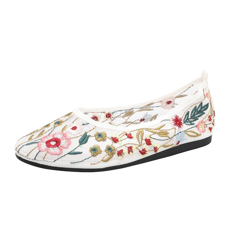 Autumn Mesh Shoes Fashionable Embroidered Flowers Flat Shoes Breathable Round Toe Shallow Mouth Ballet Shoes_vogvips.com