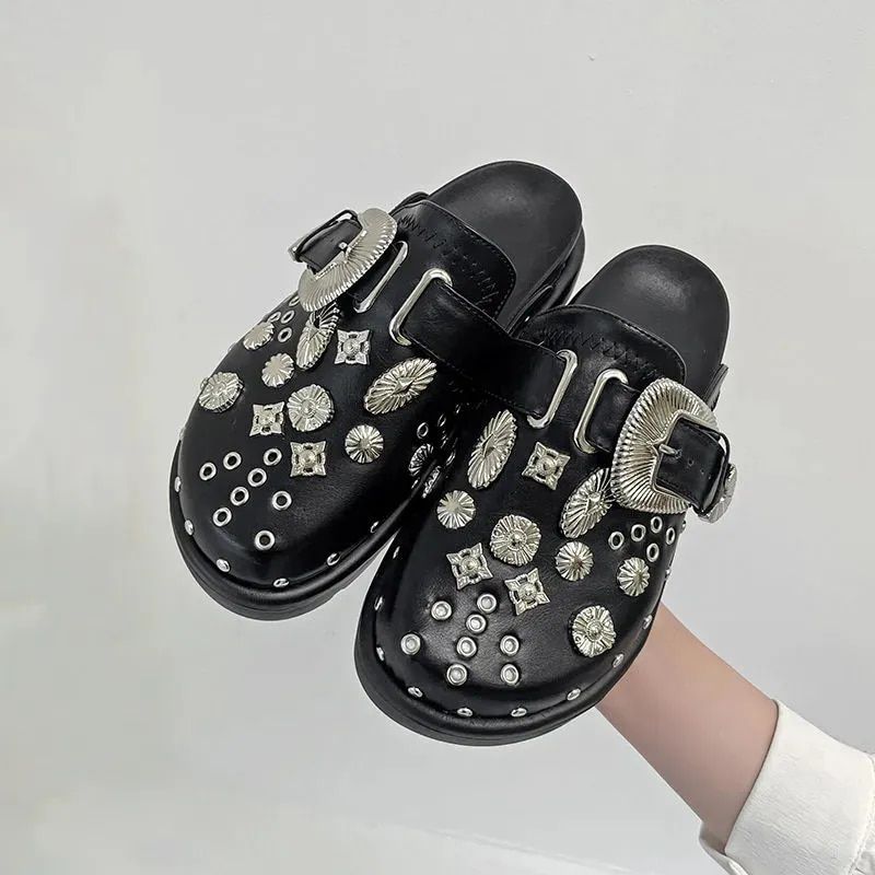 Summer Women Slippers Platform Rivets Punk Rock Leather Mules Creative Metal Fittings Casual Party Shoes Female Outdoor_vogvips.com