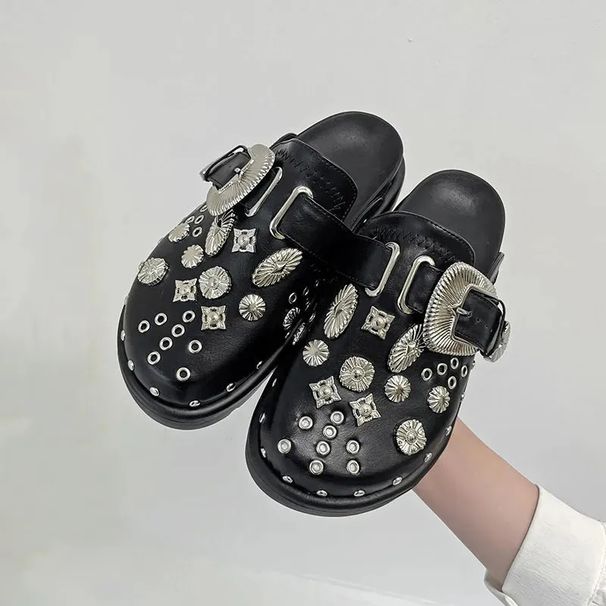 Summer Women Slippers Platform Rivets Punk Rock Leather Mules Creative Metal Fittings Casual Party Shoes Female Outdoor_vogvips.com