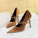 9116-1 Banquet High Heels Stiletto Shallow Westie Suede Patchwork Pointed Toe Metal Buckle One-Strap Single Shoes_vogvips.com