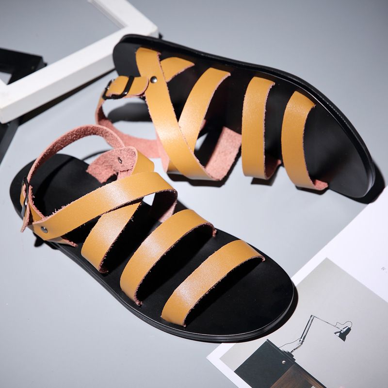 Summer Beach Breathable Casual Leather Sandals 2025 New Korean Version Trendy Cowhide Men's Shoes_vogvips.com