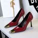 Women S Pointed Toe High Heels Glossy Patent Leather Stiletto Pumps With Metallic Accents For Evening Parties_vogvips.com