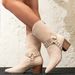Elegant Pointed Toe Nude Western Boots For Women - Chunky Heel Mid Calf Boots With Back Zipper, Suede Upper & Rubber Sole_vogvips.com