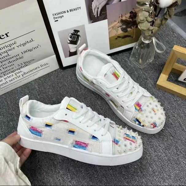 Unisex Red Soled Studded Sneakers Trendy Hong Kong Style Matching Couple's Canvas Shoes Casual Sports Must-Have Fashion Accessory_vogvips.com