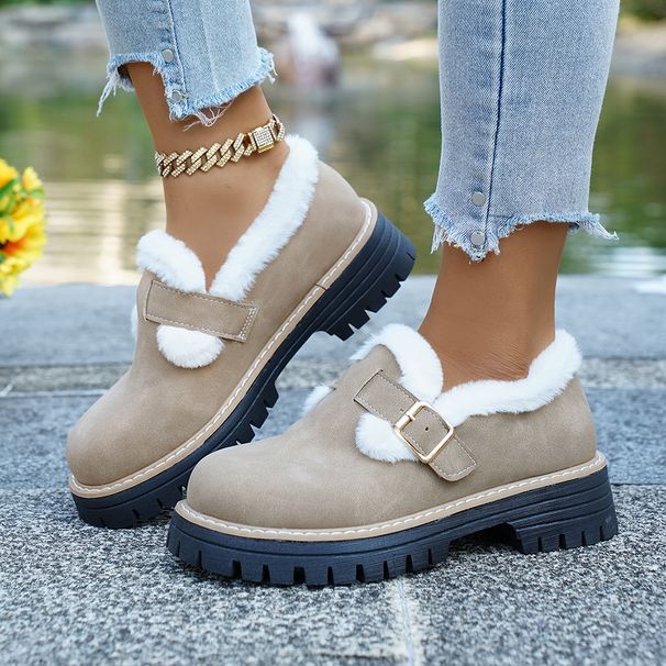 Winter Thick Soled Chunky Heel Loafers For Women Plus Size Warm Fleece Lined Round Toe Shoes_vogvips.com