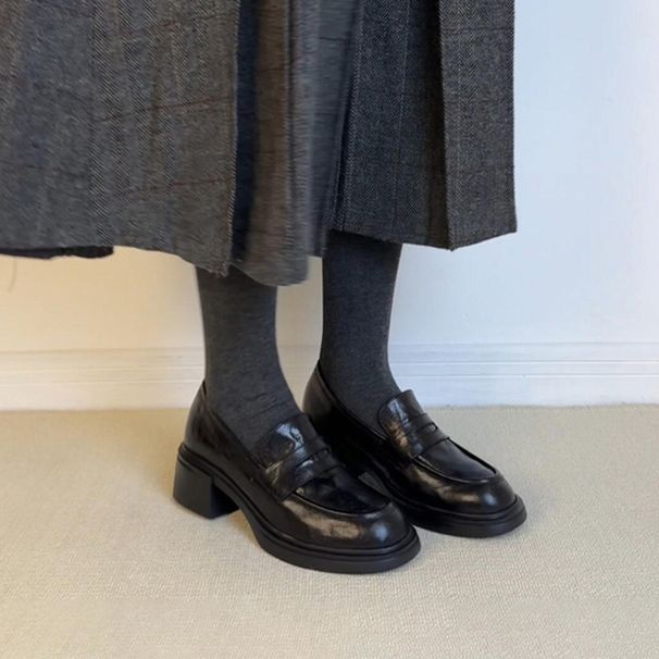 Thick-heeled Loafers Women's One-footed Round Toe Single Shoes Leather Commuter Lazy Leather Shoes._vogvips.com