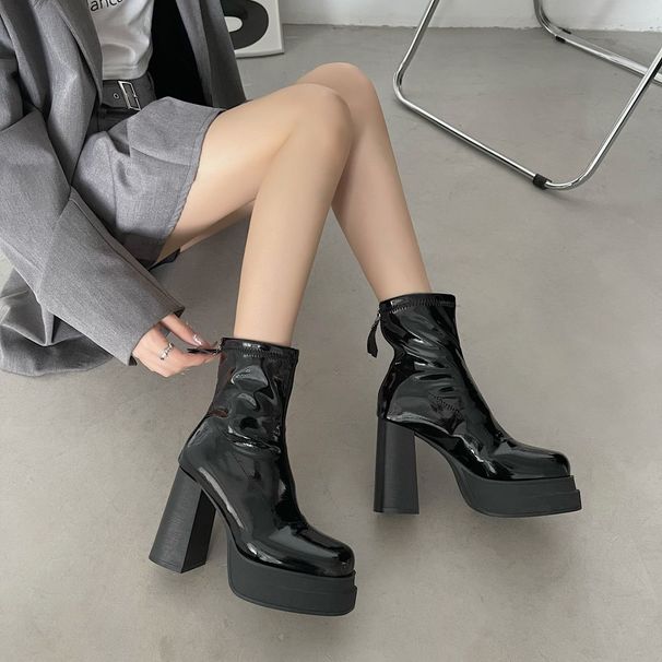 Sexy Mature Style Thick-Soled Chunky Heel Short 2025 Autumn Winter New Trendy Slim Fashion Waterproof Platform Patent_vogvips.com