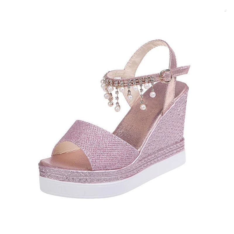 Sandals Women's Summer Wedge Bead Studded Platform Buckle Strap Peep Toe Thick Bottom Casual Shoes_vogvips.com