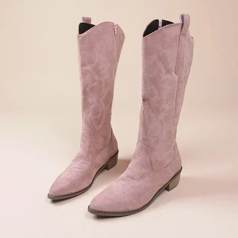 Spring And Autumn Winter New Coarse Heel Look Thin Tall Long Boots Not Over Knee Embroidered Retro Western Cowboy Boots_vogvips.com