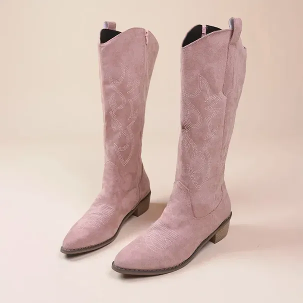 Spring And Autumn Winter New Coarse Heel Look Thin Tall Long Boots Not Over Knee Embroidered Retro Western Cowboy Boots_vogvips.com