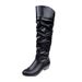 Large Shoes 2024 Autumn/Winter New Mid Heel Women's Knight Solid Color Pleated High Barrel Leather Boots_vogvips.com