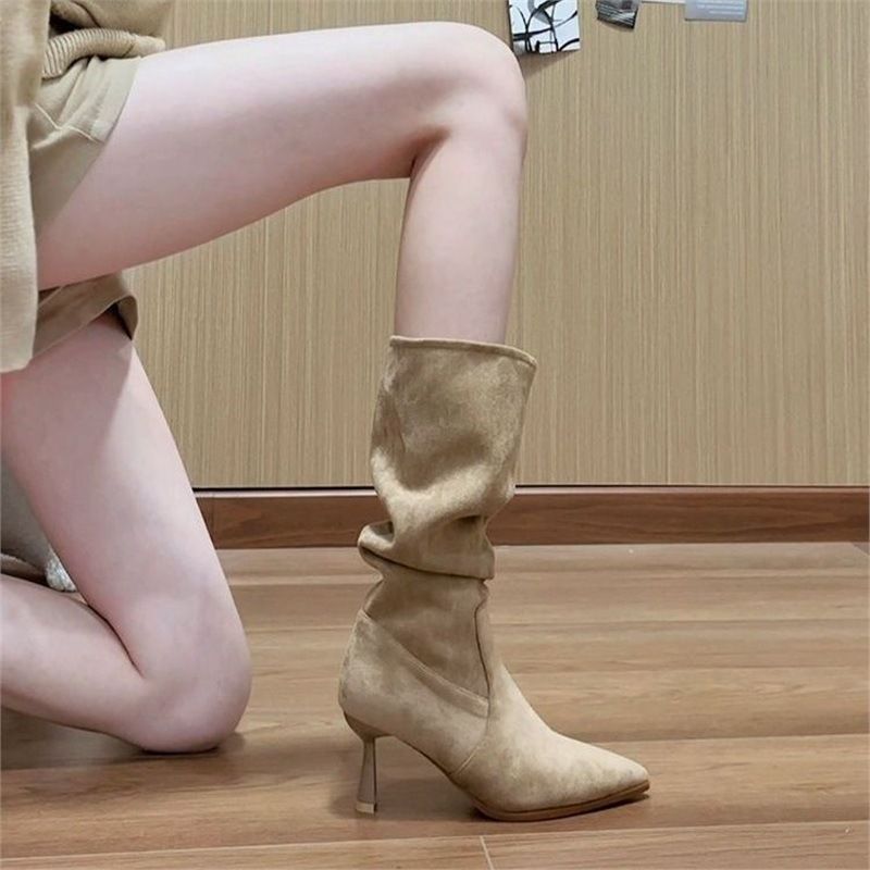 Women's Pointed Toe Stiletto Boots - Suede Mid-Calf Stacked Boots With 7cm Heel | PU Lined | Slender Silhouette | Retro Chic Ankle Boots_vogvips.com