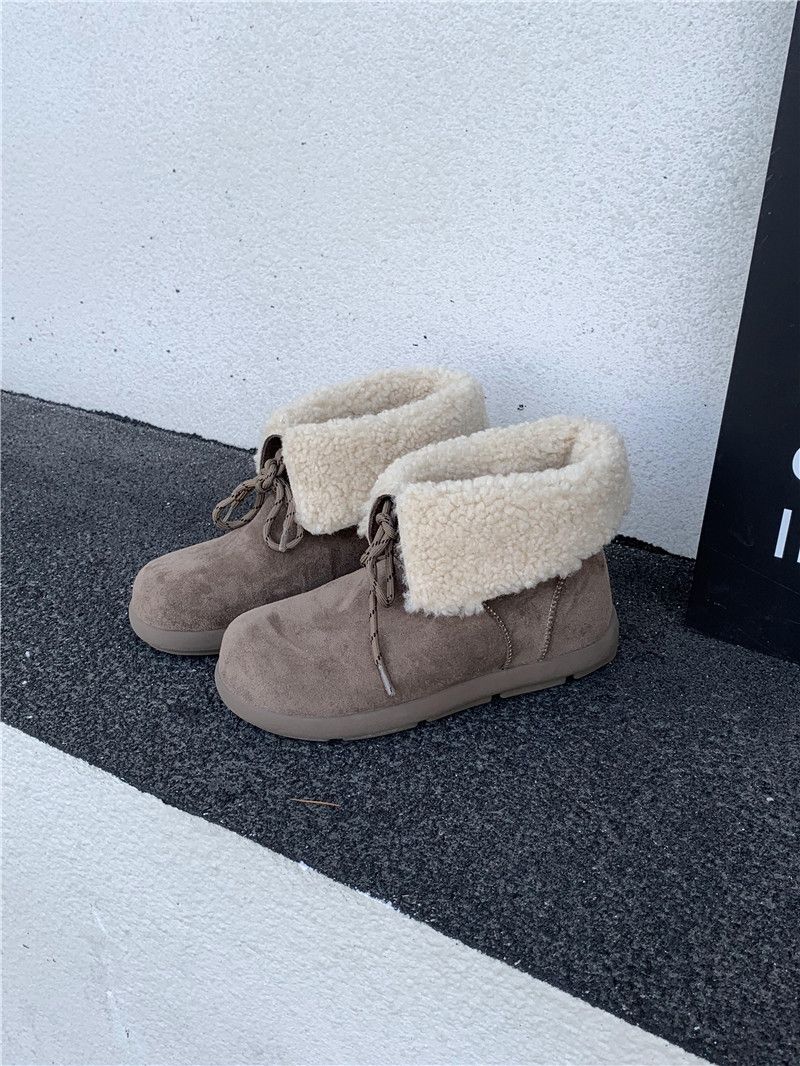 Flat Snow With Fleece Lining Short For Women 2024 Autumn Winter New Lace-up Furry Warm Cotton Korean Style_vogvips.com