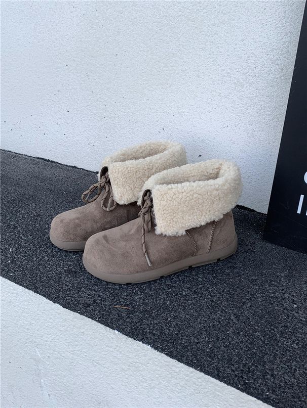 Flat Snow With Fleece Lining Short For Women 2024 Autumn Winter New Lace-up Furry Warm Cotton Korean Style_vogvips.com