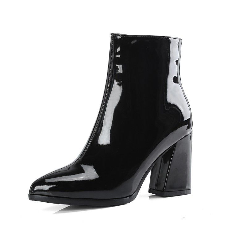 Patent Leather Pointed Toe Chunky Heel Ankle Trendy Women's Boots Plus Size 32-43_vogvips.com