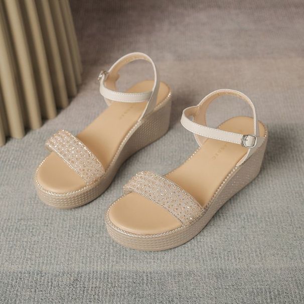 Wedge Heel Sandals Women's One-word Sandals Wear Thick-soled Rhinestones With Skirts, Beach High Heels_vogvips.com