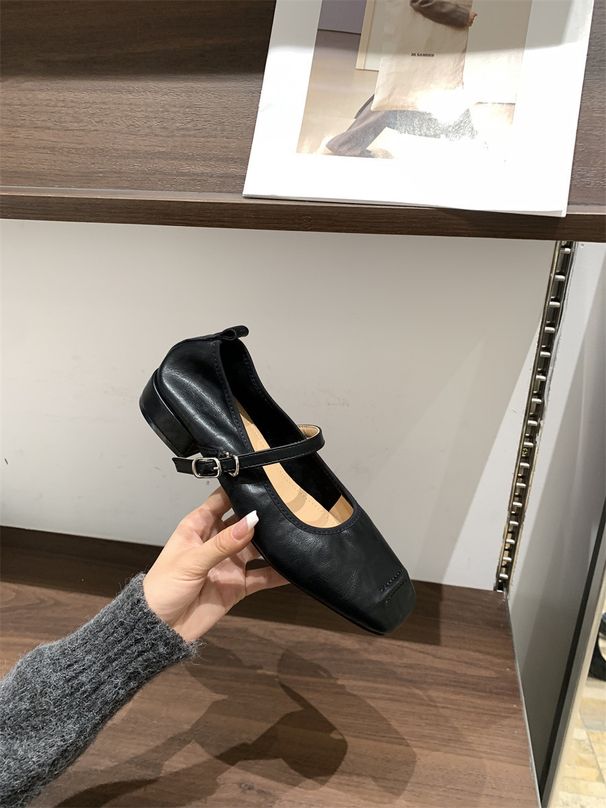Vintage Style Chunky Heel Single For Women Soft Leather Loafers 2025 Spring New Square Toe Shallow Mouth One-Strap Mary_vogvips.com