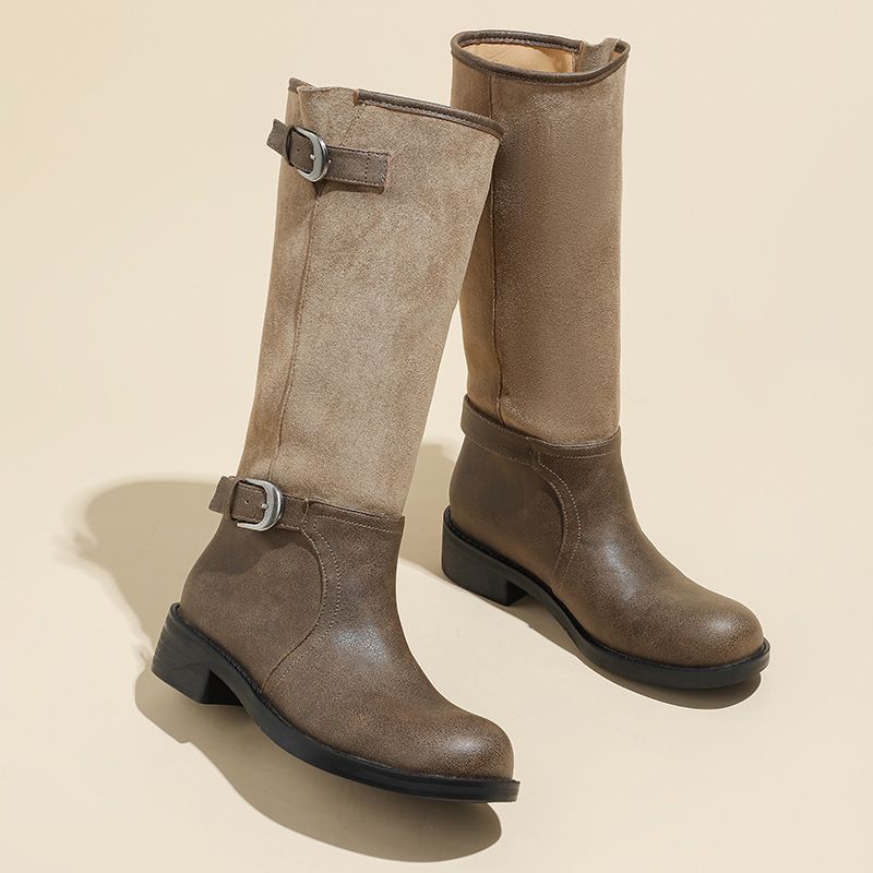 Women's Shoes Retro Wide Tube Knight Boots Women's Flat Boots Large Tube High Boots Western Boots Pile Boots_vogvips.com