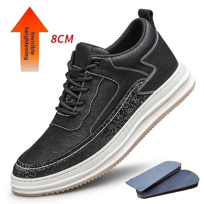 Men's Invisible Heightening Board Shoes Cow Two-layer Leather Casual Inner Heightening White Shoes Sports Shoes_vogvips.com