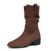 2025 Fall/Winter New Women's Boots For Petite Women, Height-Increasing Boots, Chunky Heel Mid-Calf Leather Boots, Pleated Versatile Stack Boots_vogvips.com