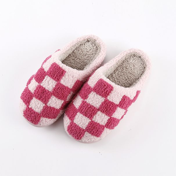New Comfortable Home Checkerboard Warm Winter Slippers For Couples Men And Women Thick Soft Sole Cotton Shoes Thickened_vogvips.com