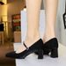 6295 French Small Fragrant Style Square Toe Rhinestone Flat Ribbon Silk Women's Shoes With Thick Mid Heel, Shallow_vogvips.com