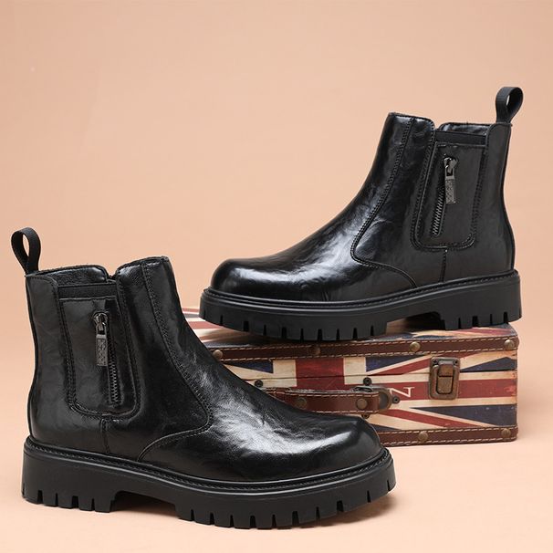 Men's Martin Thick Sole Autumn New Mid-Top Soft Leather Short Fashion Trend Motorcycle Height Increasing Boots_vogvips.com
