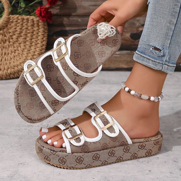 Plus Size Platform Slippers Khaki Color Rose Design Double Breasted Women's Style Shoes_vogvips.com