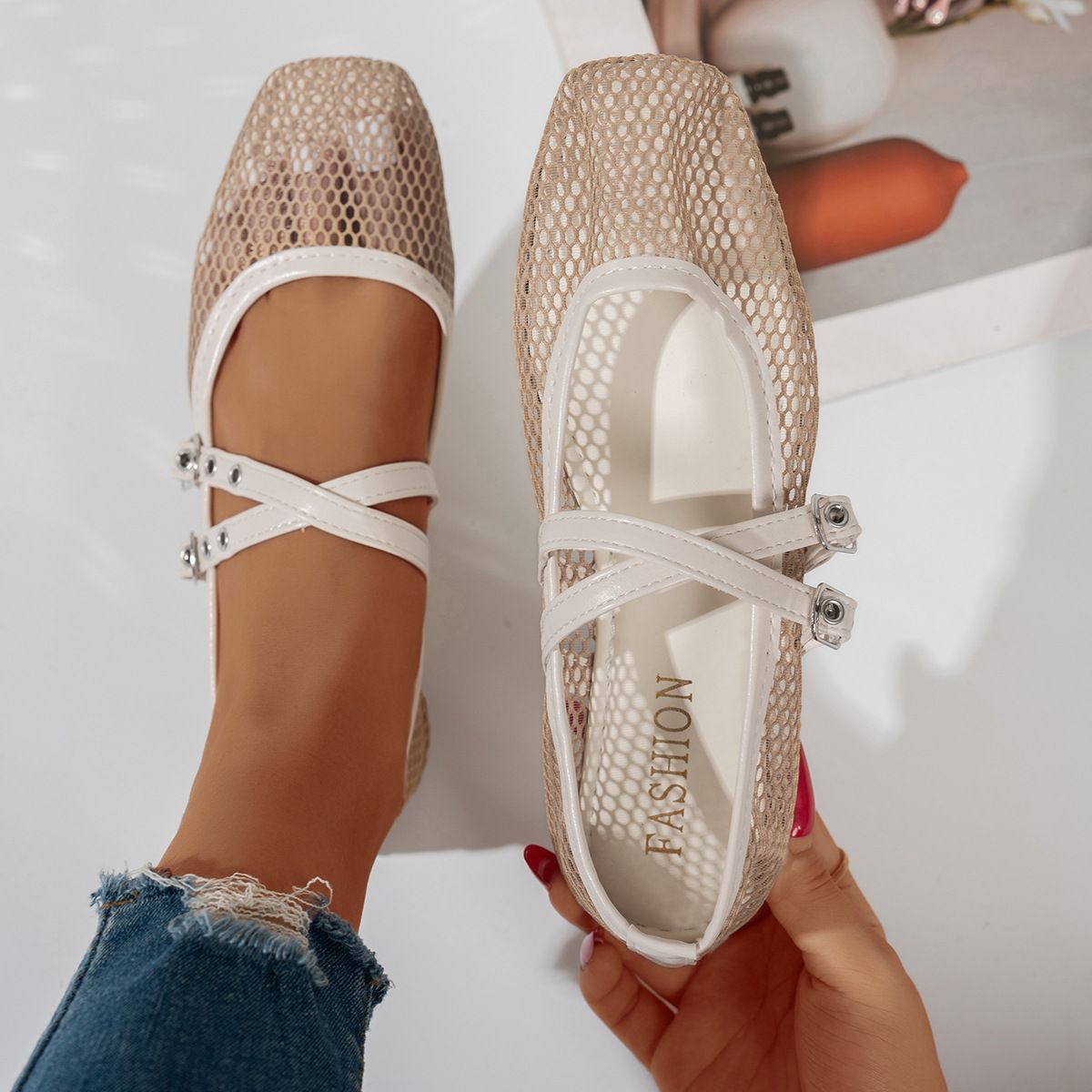 Women's Flat French Style Mary Jane Shoes Breathable Mesh Square Toe Cross Strap Fashion Shoes New 2025 Style_vogvips.com