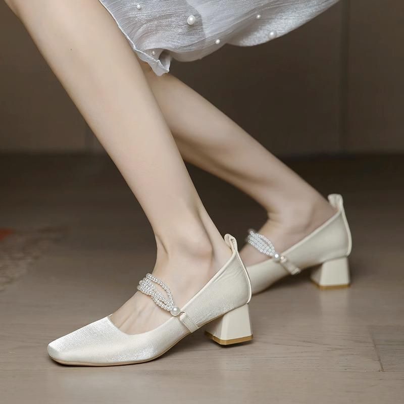 High Heeled For Women 2025 New Summer Daily Outfit With Thick Heel Skirt Bridesmaid Pearl Square Toe Mary Jane Single_vogvips.com
