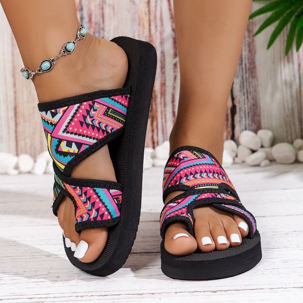 Summer Fashion Platform Sandals Open Toe Slip On Colorful Beach Shoes Ethnic Lightweight Slippers Slides Women_vogvips.com