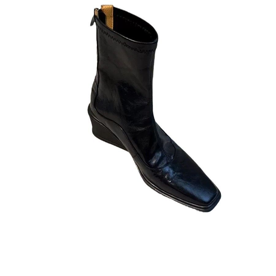 ShoeVault In Stock~ Thick Sole Wedge Square Toe Stretch Slim New Style Back Zipper High Heel Short Commuter Single Boots_vogvips.com