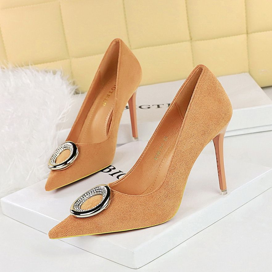 Women's shoes Slimming ultra high heel suede shallow mouth pointed metal rhinestone buckle single shoe high heel_vogvips.com