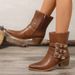 2025 New Large Size Western Leather For Women, Vintage Belt Buckle Chunky Heel Fashionable Versatile Fashion_vogvips.com