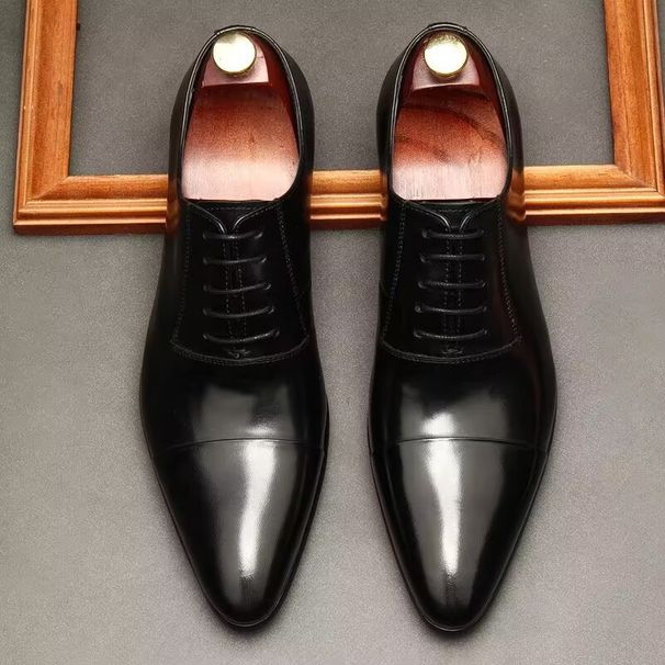 New British Three-joint Leather Shoes Men's Cowhide Pointed Toe Lace-up Business Dress Shoes Trendy Men's Slim-fit Handsome Men's Shoes Black_vogvips.com
