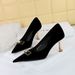 1818-K81 Style Banquet High Heel Shallow Mouth Pointed Metal Buckle Decoration Xishi Suede Women's Single Shoes_vogvips.com